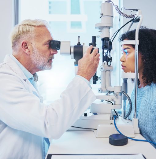 Eye exam, consulting and laser with doctor and black woman for healthcare, ophthalmology and medical. Glaucoma, lens and wellness with patient and optometrist in clinic for vision, checklist and help